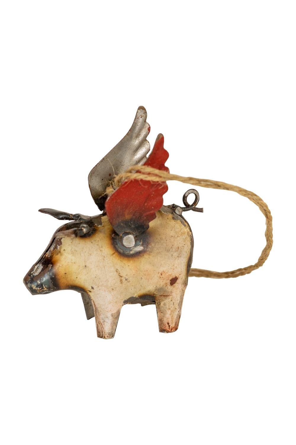 KALALOU Set of Four Recycled Iron Flying Pig Christmas Ornaments, 3 x 1.5 x 3 inches, Brown, Model NBA2391