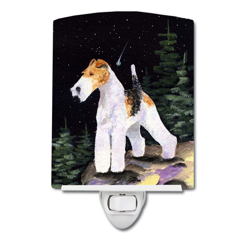 Caroline'S Treasures Ss8503Cnl Starry Night Fox Terrier Ceramic Night Light Compact, Ul-Certified, Ideal For Bedroom, Bathroom, Nursery, Hallway, Kitchen, 6X4X3, Multicolor