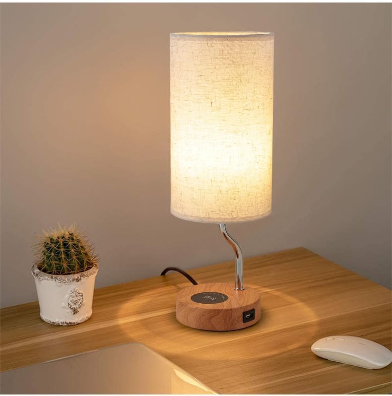 Artoomizz Bedside Table Lamp - Touch Control LED, Wireless Charger & USB Port, Cream, Dimmable, Wooden Nightstand Lamp for Bedroom & Office