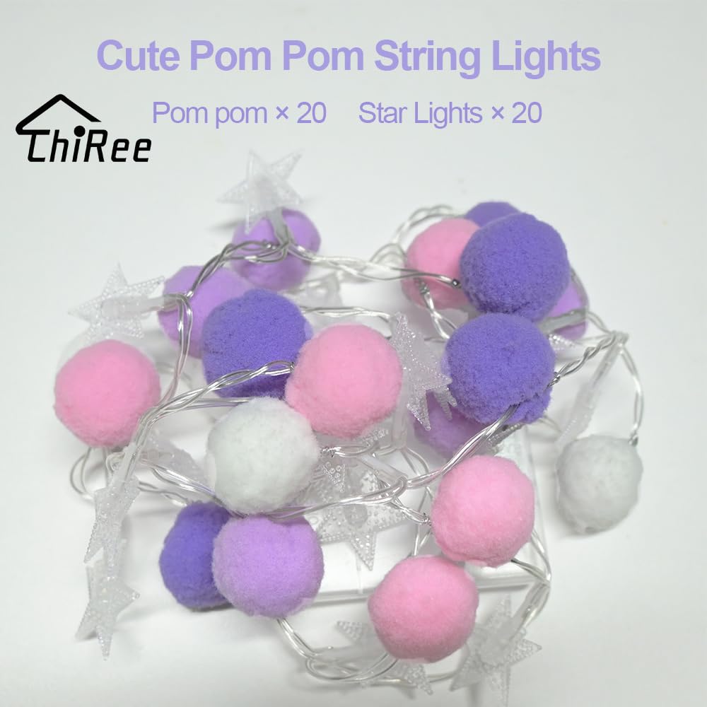 ChiRee Indoor String Lights, 20 LED Warm White Pom Poms, Battery Operated Fairy Lights, Colorful Decor for Home, Kids Playhouse, Model POM01