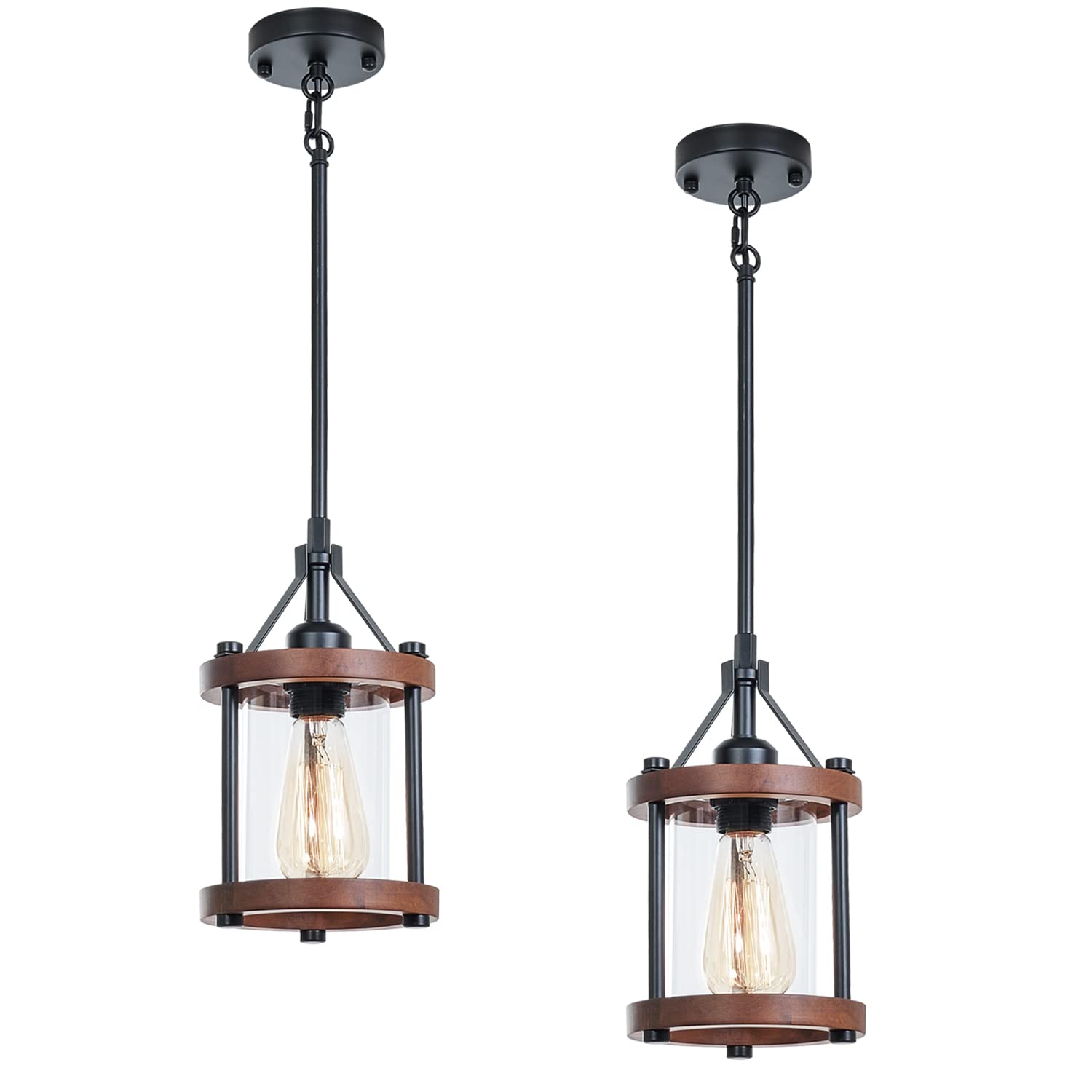 Ejerlya Farmhouse Pendant Light, Rustic Walnut Wood Metal Cage Hanging Light Fixtures with Glass, Adjustable for Flat and Slop Ceiling, Pendant Lighting for Kitchen Island Foyer Hallway,2-Pack