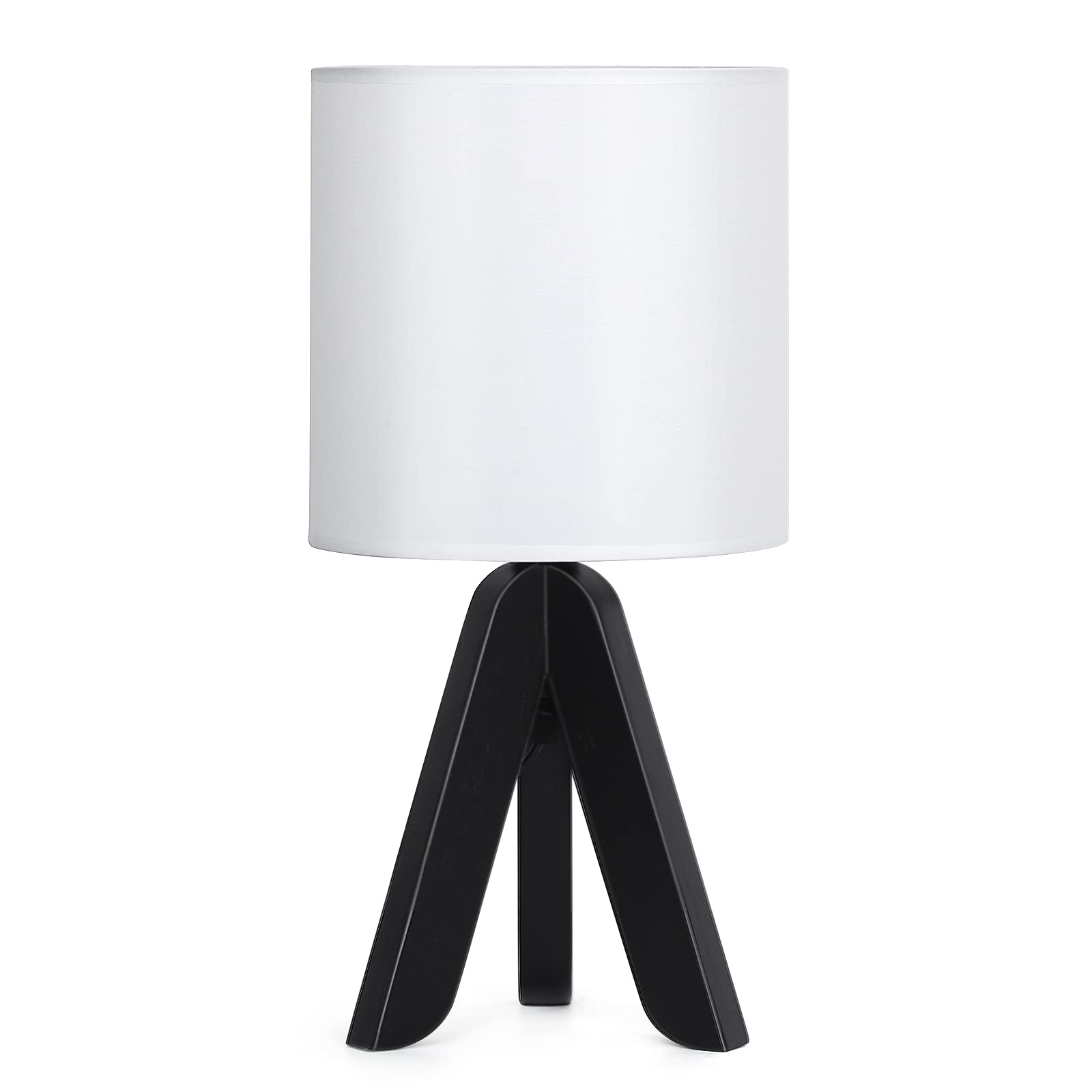HAITRAL Wooden Tripod Table Lamp, Black Base, Linen Shade, Small Nightstand Lamp for Bedroom, Kids Room, Nursery