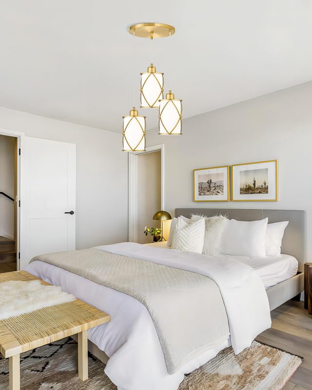 Osimir Brushed Gold Pendant Light Fixtures, 3-Light Dining Room Chandeliers With Frosted Glass, Modern Cluster Hanging Pendant L