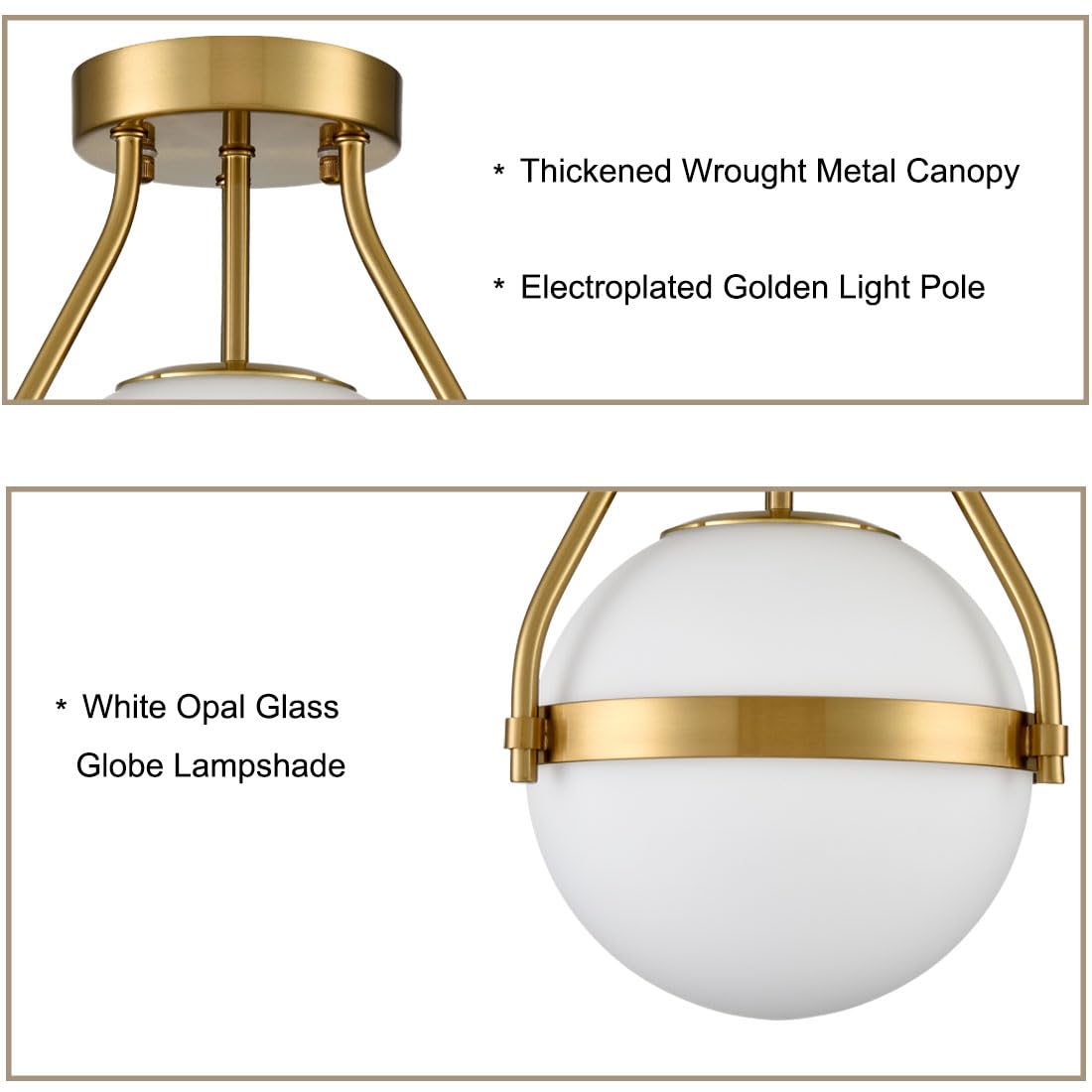 HOLKIRT Modern Ceiling Light Fixture, Brass Globe 7 Inch, Opal Glass, Mid Century Semi Flush Mount, Model B7106CU-J-20