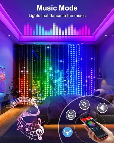 Brightown Smart Curtain String Lights App Controlled - 900 Led Diy Hanging Fairy Light Pattern And Text Programmable, Music Sync With Remote, Waterproof Smart Valentine'S Party Lights Indoor Use