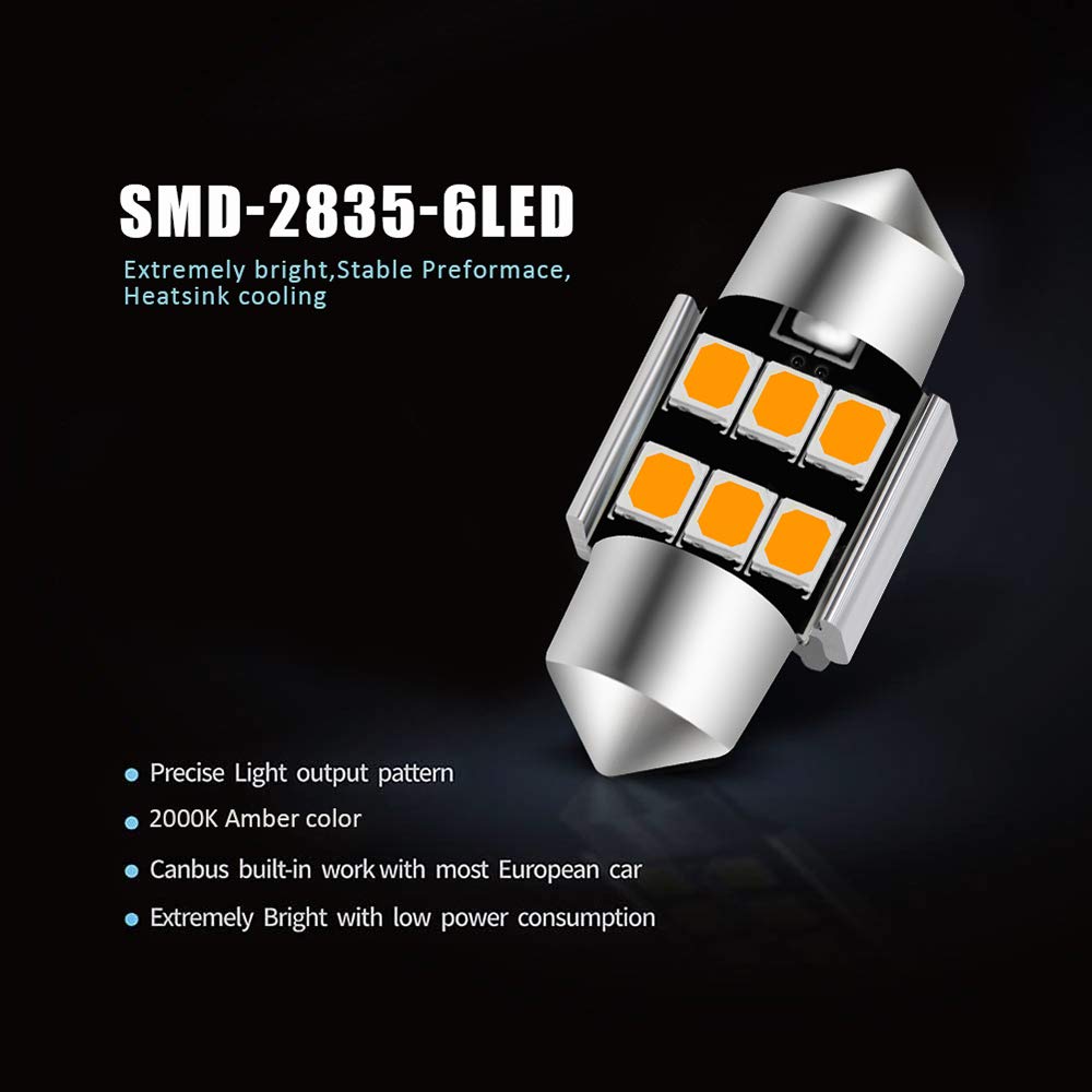 Auxlight 6614 6641 6612F 6615 F30-Whp Ts-14V1Cp 29Mm 1.14”Festoon Led Interior Light Bulbs Amber Yellow, Super Bright 6Smd Chips For Car Suv Truck Sunvisor Vanity Mirror Lights (Pack Of 6)