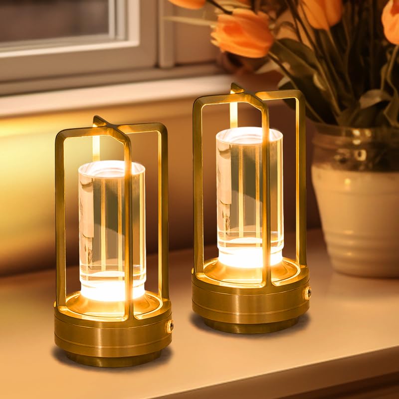UMLAEN Rechargeable Table Lamp, Cordless, 3 Color, Stepless Dimming, Metal, Gold, 2 Pack, Model BG6004JS-A42P