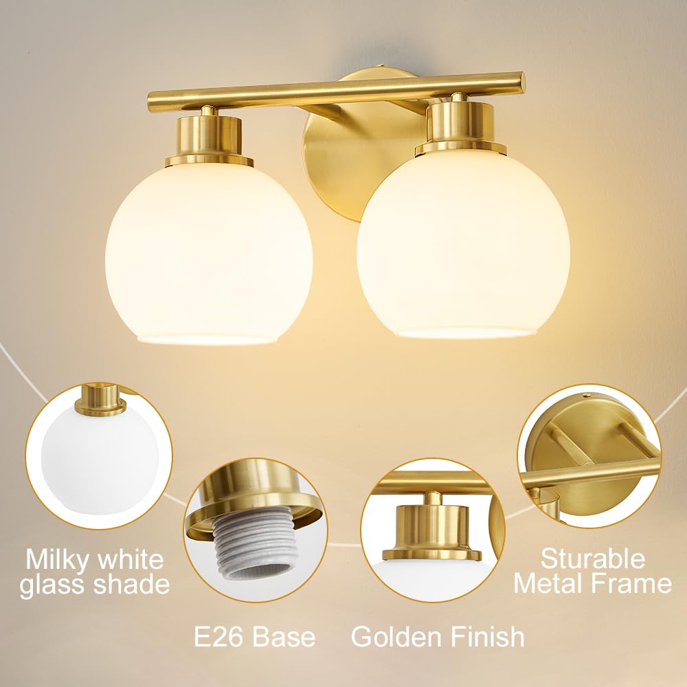 Lanmate Bathroom Vanity Light Fixtures 2-Lights Gold Bathroom Lighting Fixtures Over Mirror With Milk White Glass Shade 13.8 Inc