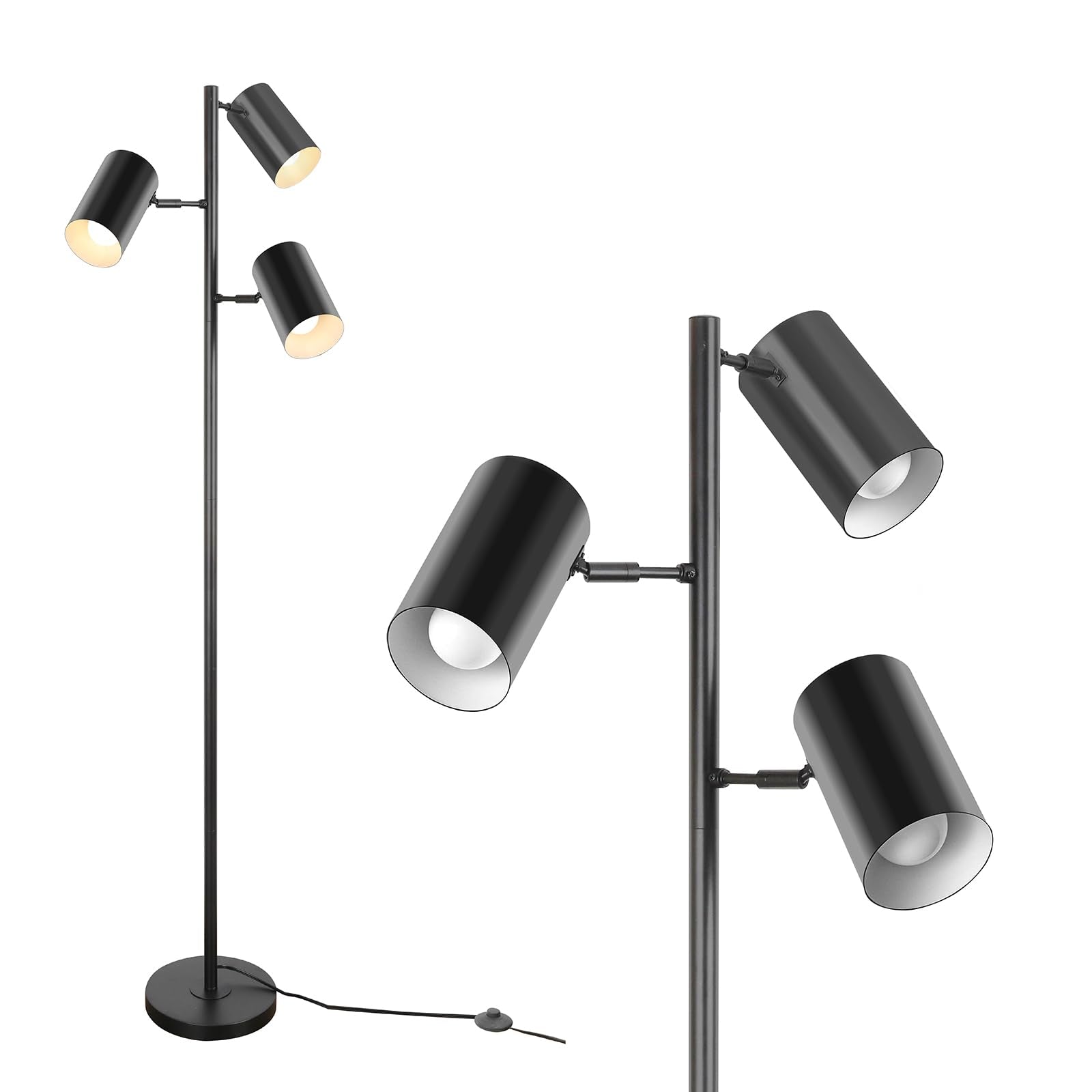 Ldeco Tree Floor Lamp with 3 Light 9W E26 LED Bulbs,Black Standing Tall Pole Lamp with 3 Adjustable Rotating Lights,Modern Floor