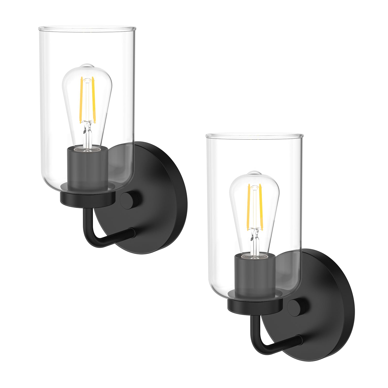 Zevluck Wall Sconces Set Of 2 - Modern Black Metal Light Fixtures With Clear Glass Shade For Bathroom, Bedroom, Living Room, Hardwired