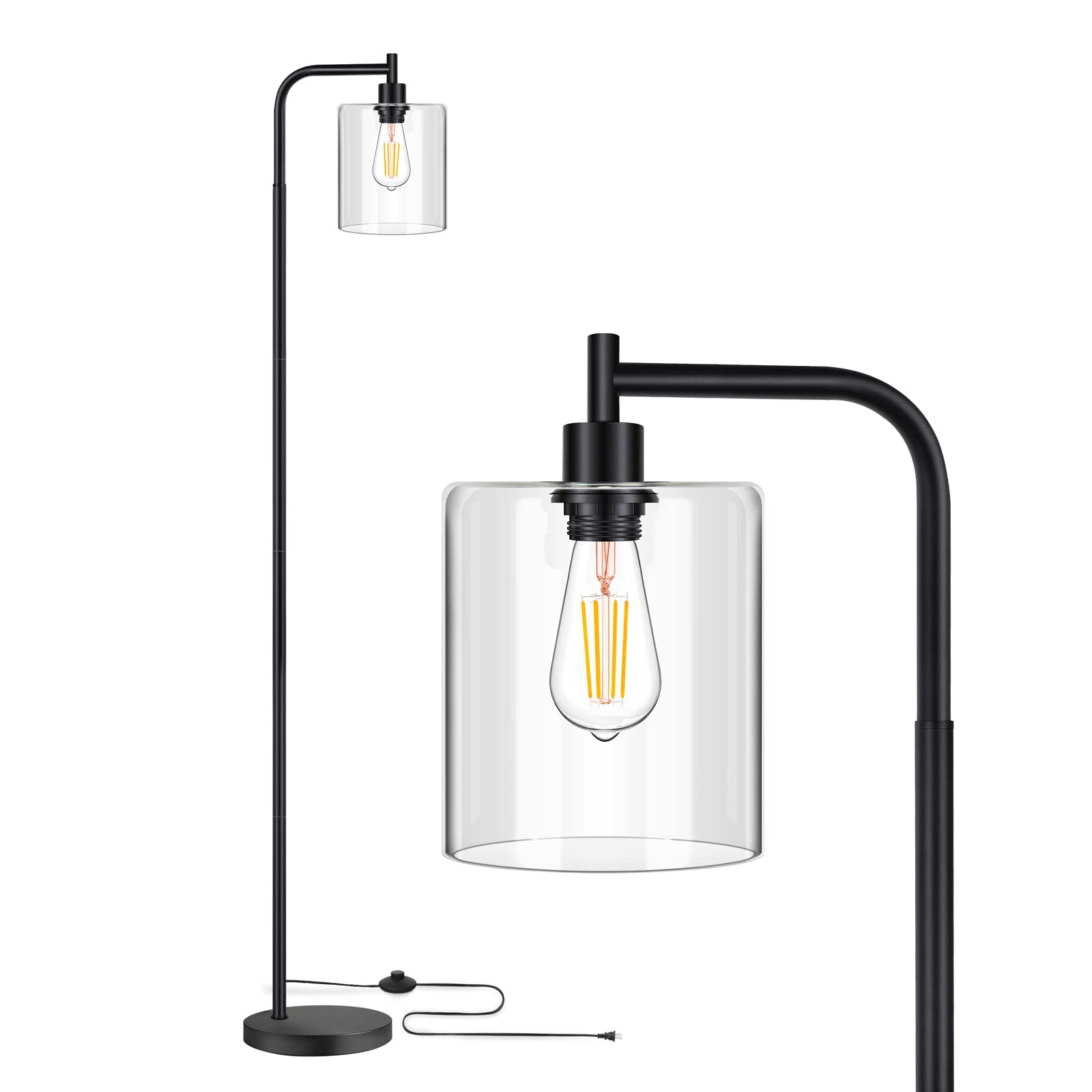 MAXvolador Industrial Floor Lamp, Modern Standing Lamps with Hanging Clear Glass Shade, Classic Reading Tall Pole Light for Livi