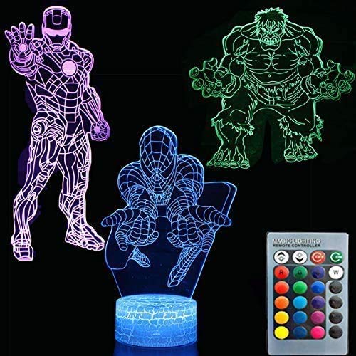 ZYTC 3D Illusion Super Hero Night Light Three Pattern 7 Color Change Decor Lamp Desk Table Night Light Lamp for Kids Children
