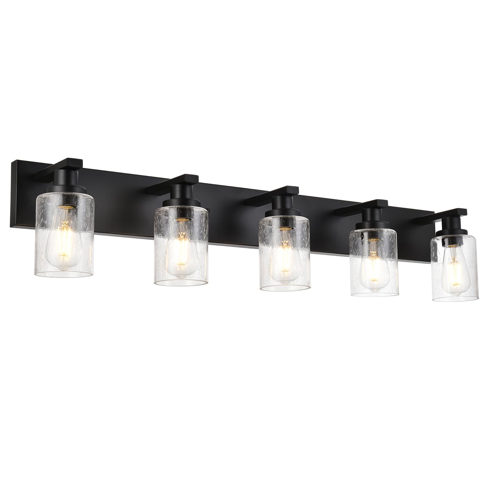 Winshen 5-Lights Farmhouse Bathroom Vanity Light In Black Finish Wall Mount Lighting Fixtures With Seeded Glass For Mirror Cabin