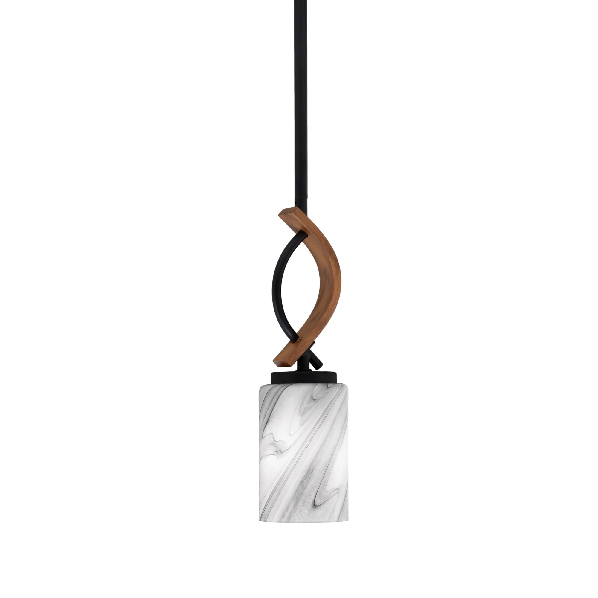 Toltec Lighting Monterey Stem Hung Mini Pendant - Matte Black, Wood-Look Metal, 4in Onyx Swirl Glass