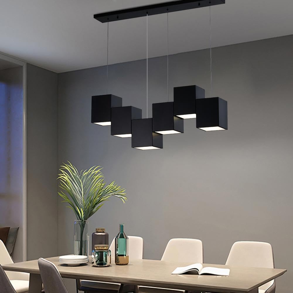 BULUXE Modern Black Kitchen Island Lighting, Linear Chandeliers for Dining Room 6-Light Square Ceiling Hanging Pendant Light