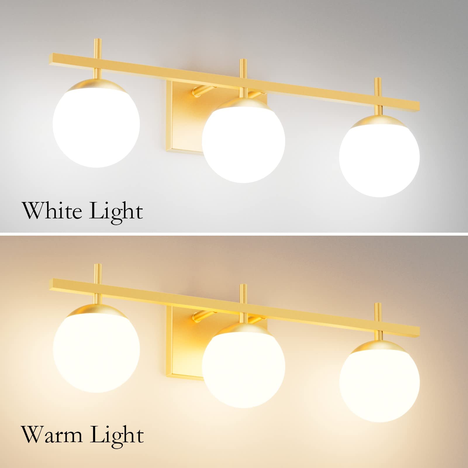 Ralbay Mid Century Modern Gold Bathroom Light Fixtures 3-Light Gold Milky Glass Modern Bathroom Vanity Lights Over Mirror, Gold