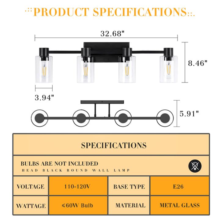 Esfos 4-Light Modern Vanity Light Fixtures Over Mirror, Matte Black Bathroom Light Fixtures, Vanity Lights, Wall Sconce with Cle