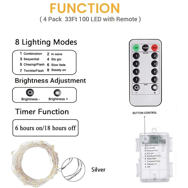 4 Pack 100 Led Fairy Lights Battery Operated With Remote, 33Ft Waterproof Twinkle Lights With Timer & 8 Modes, Fairy String Ligh