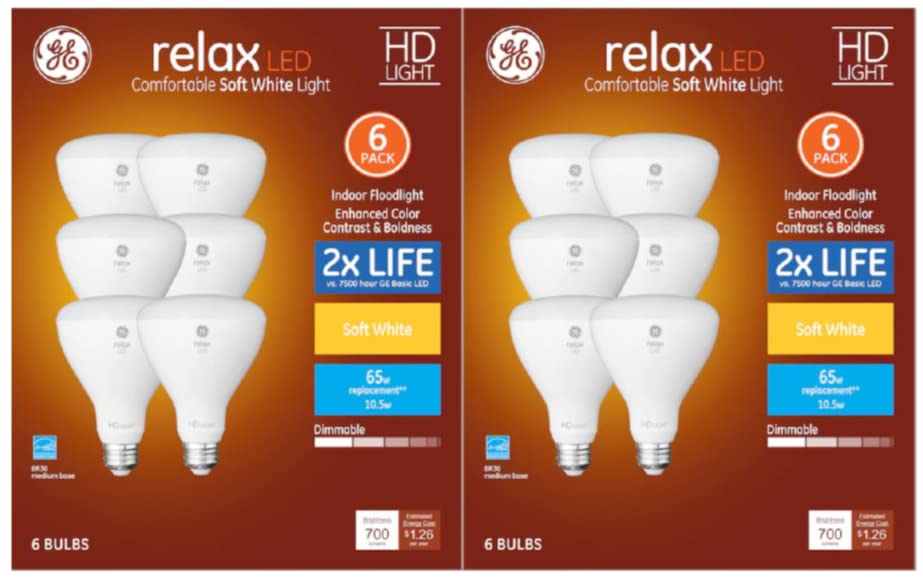 Ge Relax 65 W Equivalent Dimmable Soft White Br30 Led Light Fixture, Dimmable Flood Light Bulb 3X Life (12 Pack)