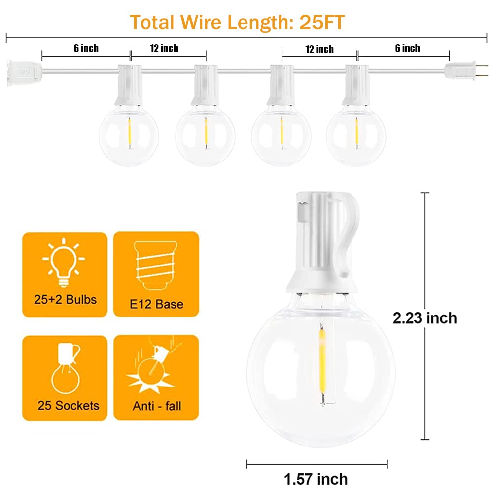 Couah 25Ft LED String Lights, G40 Clear Globe Bulbs, Shatterproof, White Wire, Indoor/Outdoor Use