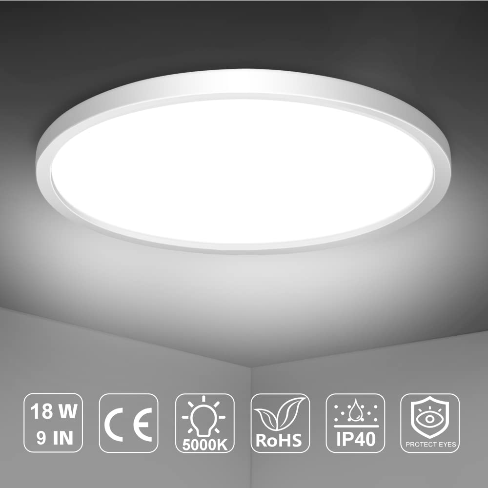 Inshareplus 9 Led Flush Mount Ceiling Light, 5000K Daylight White, 18W Modern Fixture For Bathroom, Kitchen, Living Room, Hallway