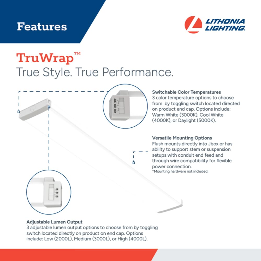 Lithonia Lighting Truwrap 4 Foot Led Ceiling Light Fixture  Low-Profile Wraparound Led Shop Light  Adjustable Lumens  Selectable Warm White/Cool White/Daylight Color  Flat Diffuser  Narrow Width