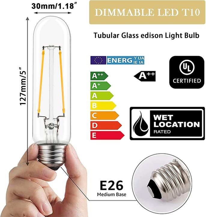 NOVELUX T10 Tubular LED Light Bulbs, 5 Inch, Dimmable, 4W (40W Equivalent), 400LM, Antique Glass, 4000K Daylight