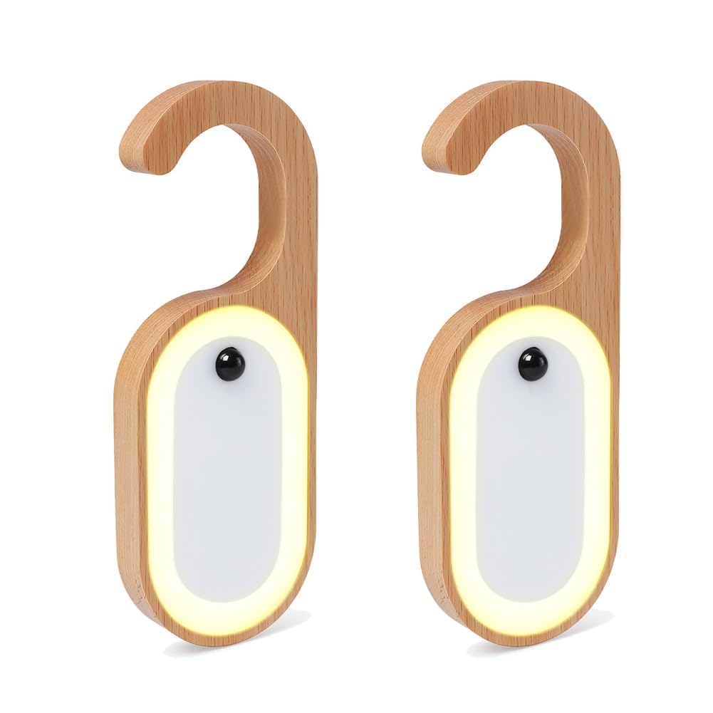 LANDGOO 2-Pack Retro Wooden Door Knob Night Light with Motion Sensor & Message Board, Rechargeable Wall Mount Lamp Set, Hotel St