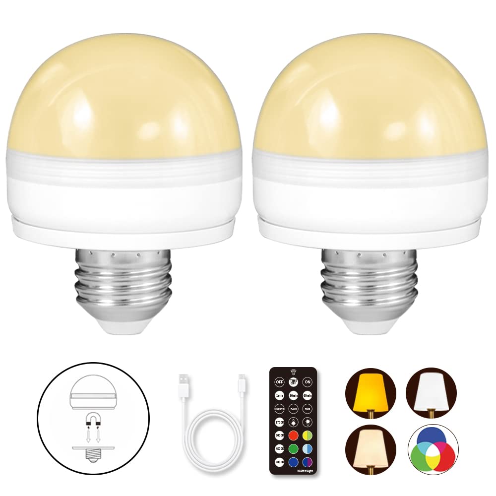 Blueye Rechargeable Battery Operated Light Bulb,2Packs,300Lm,40W Equivalent,E26 Detachable Charging(E12 Available),4 Color Temperature,Remote Control Puck Emergency Lamp,Timer,Dimmer,For Non-Hardwired
