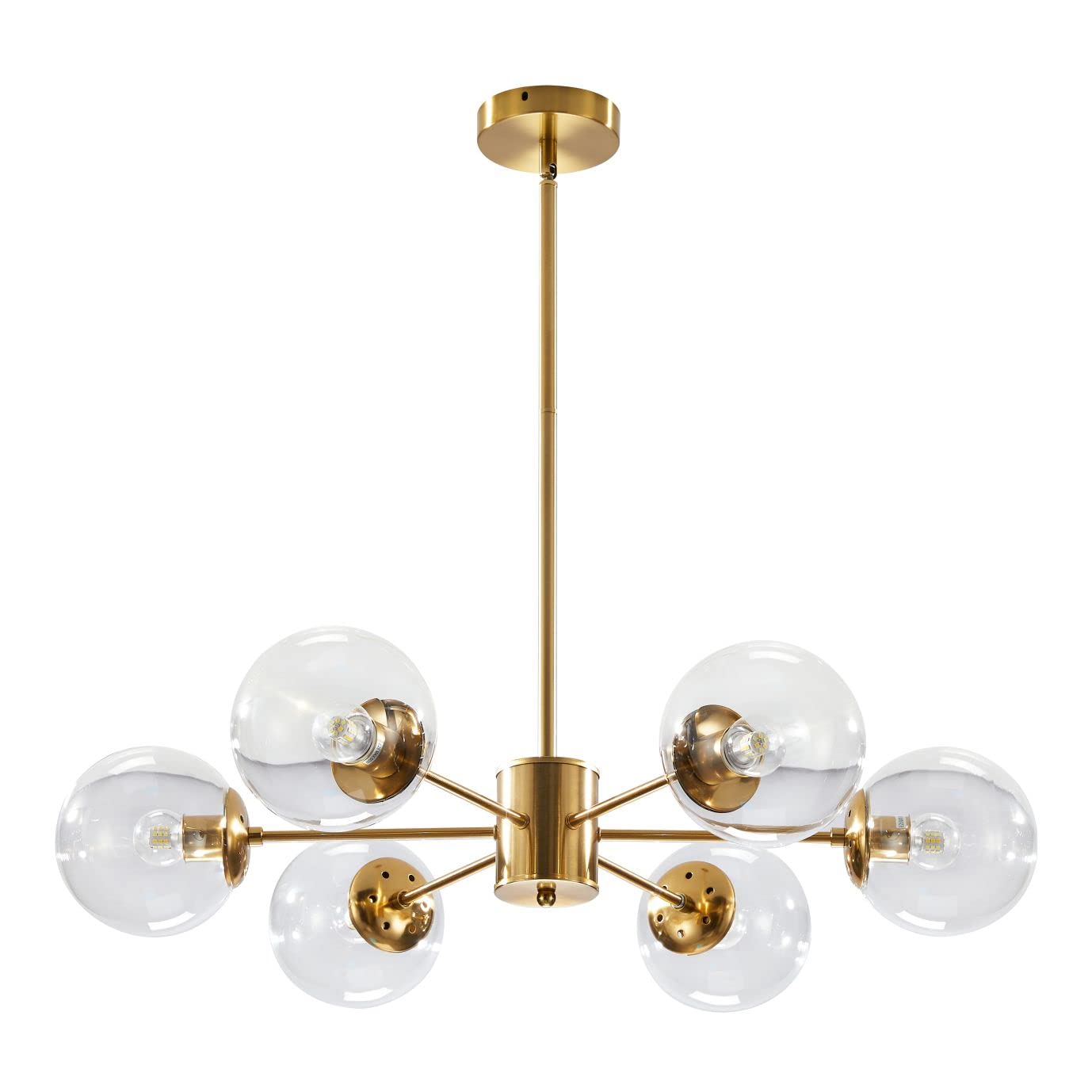 KCO Lighting Modern 6-Light Sputnik Chandelier, Brass, Clear Glass Globe, Adjustable Pendant Light, Model L1085-C-6, Gold+Clear