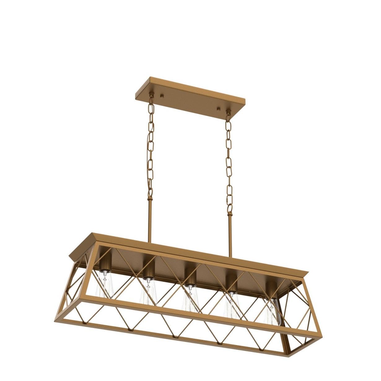 Q&S 5-Light Modern Farmhouse Chandelier - Gold Metal Linear Light Fixture for Kitchen Island & Dining Table, Model P2006-5GD
