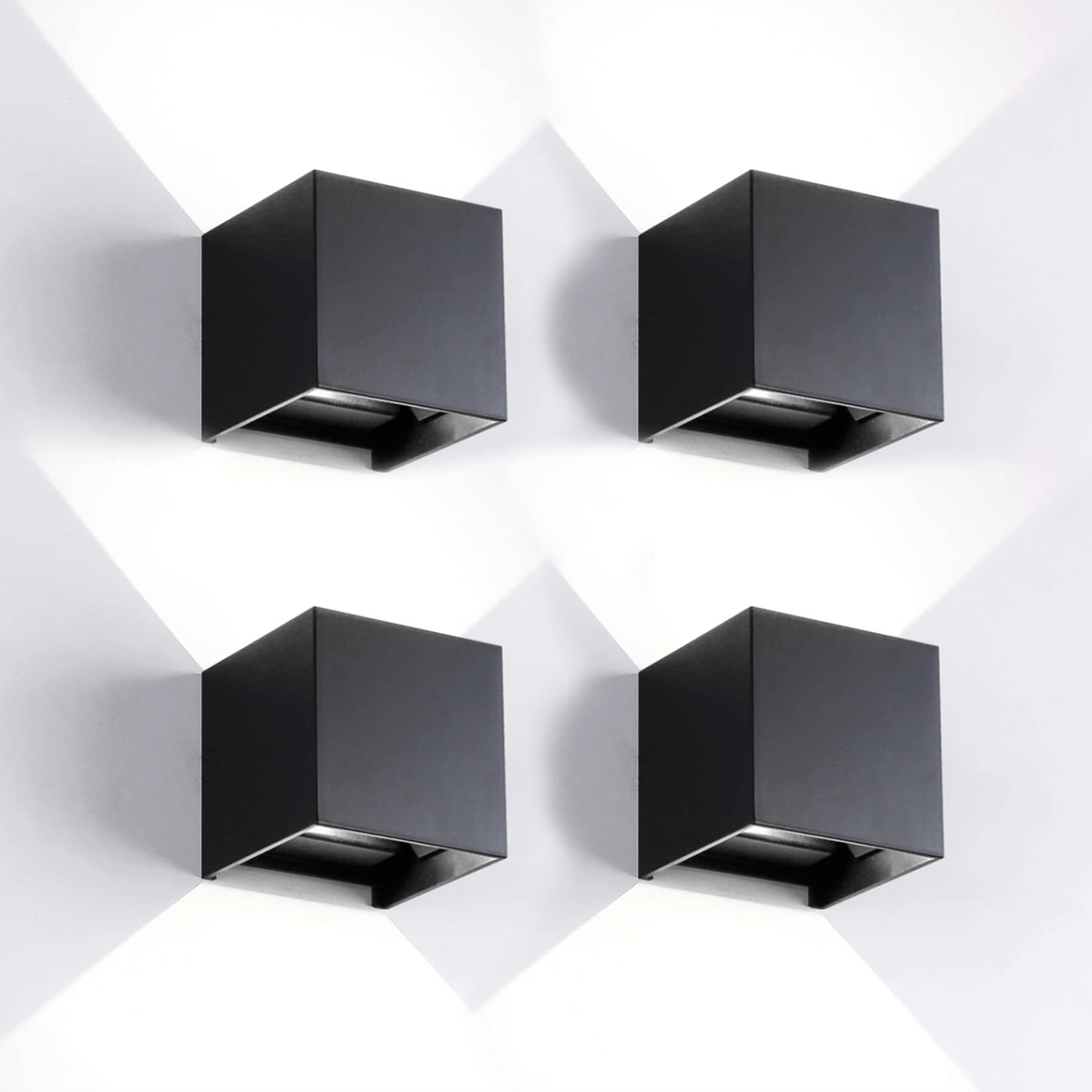 Mille Lucciole 4 Pack Outdoor Wall Lights Exterior/Interior Led Wall Sconces Ip65 Waterproof Square Aluminum Wall Lamps Outdoor Lighting Fixture Up And Down Lights Modern Black 12W 6500K Cold Lights