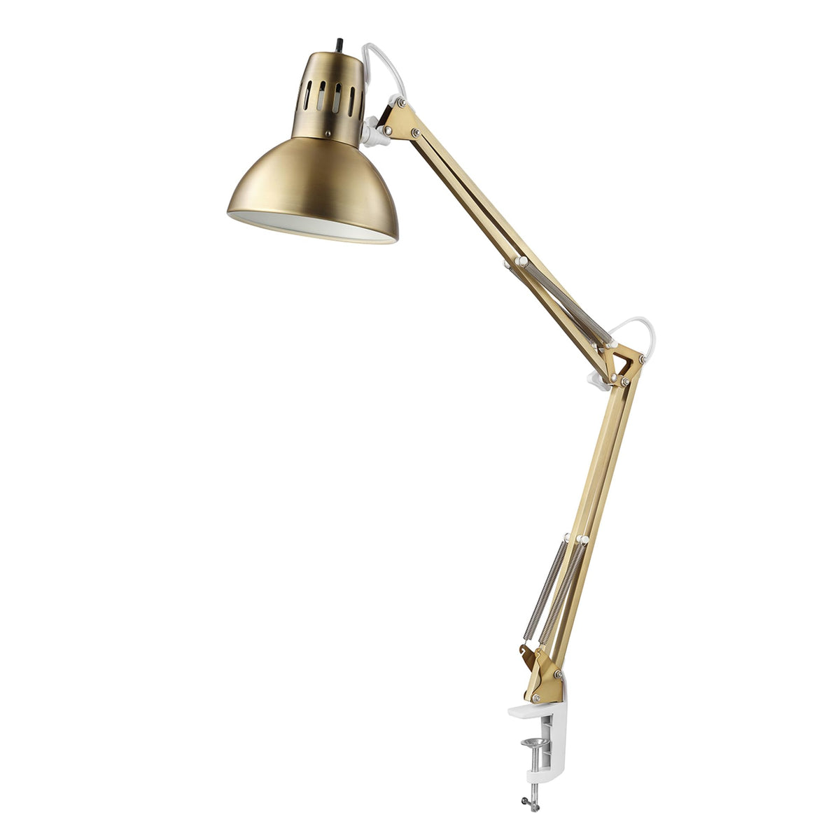 Globe Electric 62000010 32'' Multi-Joint Desk Lamp with Metal Clamp, Matte Brass, White Accents, On/Off Rotary Switch on Shade, 