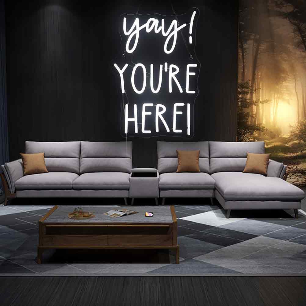QiaoFei Neon Sign - "Yay! You're Here!" Positive Quotes Wall Decor, 12" Square, White, Silicone, Model QFLGT240914013