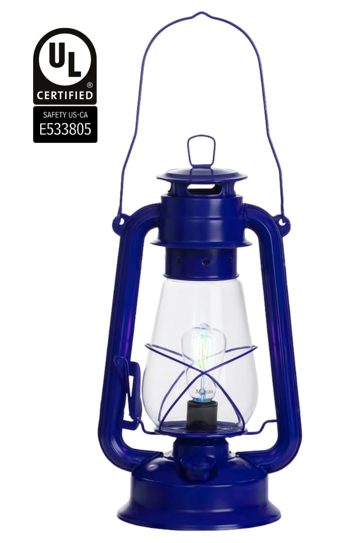 Muskoka Lifestyle Products Rustic Farmhouse Lantern Table Lamp, Dimmable, Cold-Rolled Steel, Medium, Blue, Model MUS113-Blue