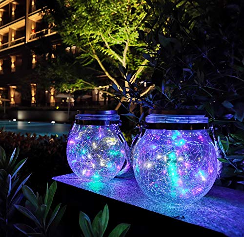 KIMI HOUSE Solar Powered LED Hanging Lights, Waterproof  ed Glass Ball Lanterns for Outdoor Garden, Colorful, 2 Pack