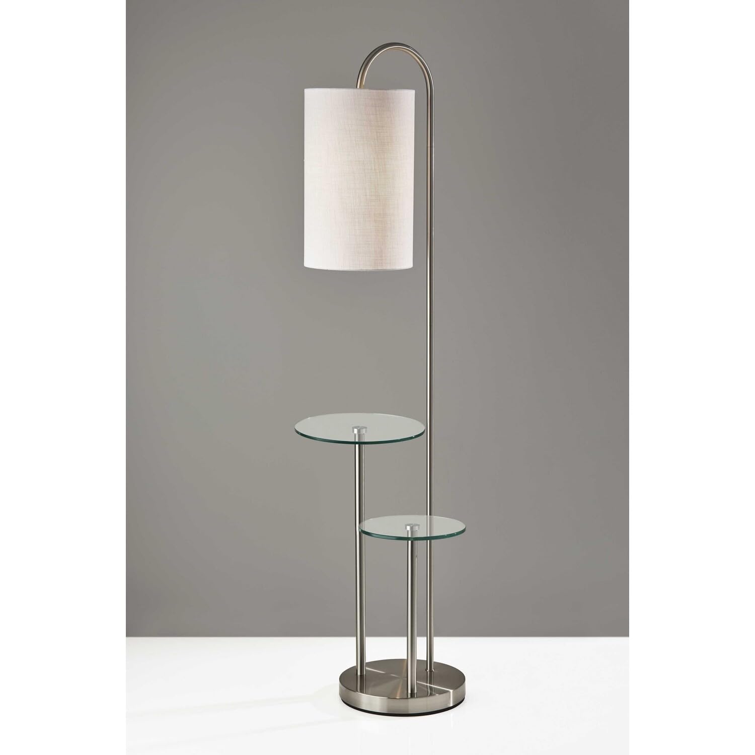 HomeRoots Tray Table Floor Lamp with White Drum Shade, Glass & Metal, Model HRF-372886