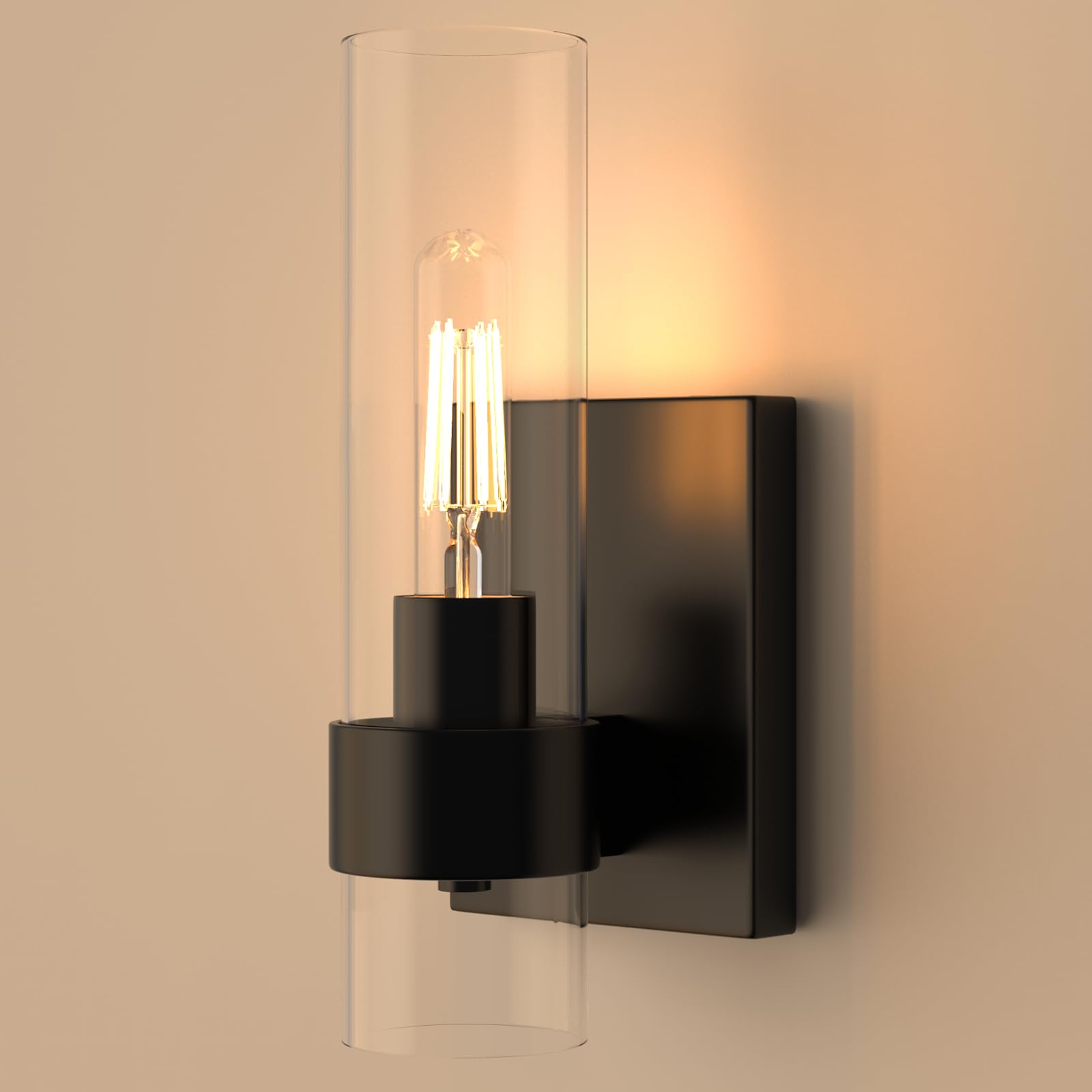 Zevluck 1-Light Wall Sconce, Matte Black Bathroom Vanity Light With Cylinder Clear Glass, Modern Hardwired Vanity Wall Lamps For