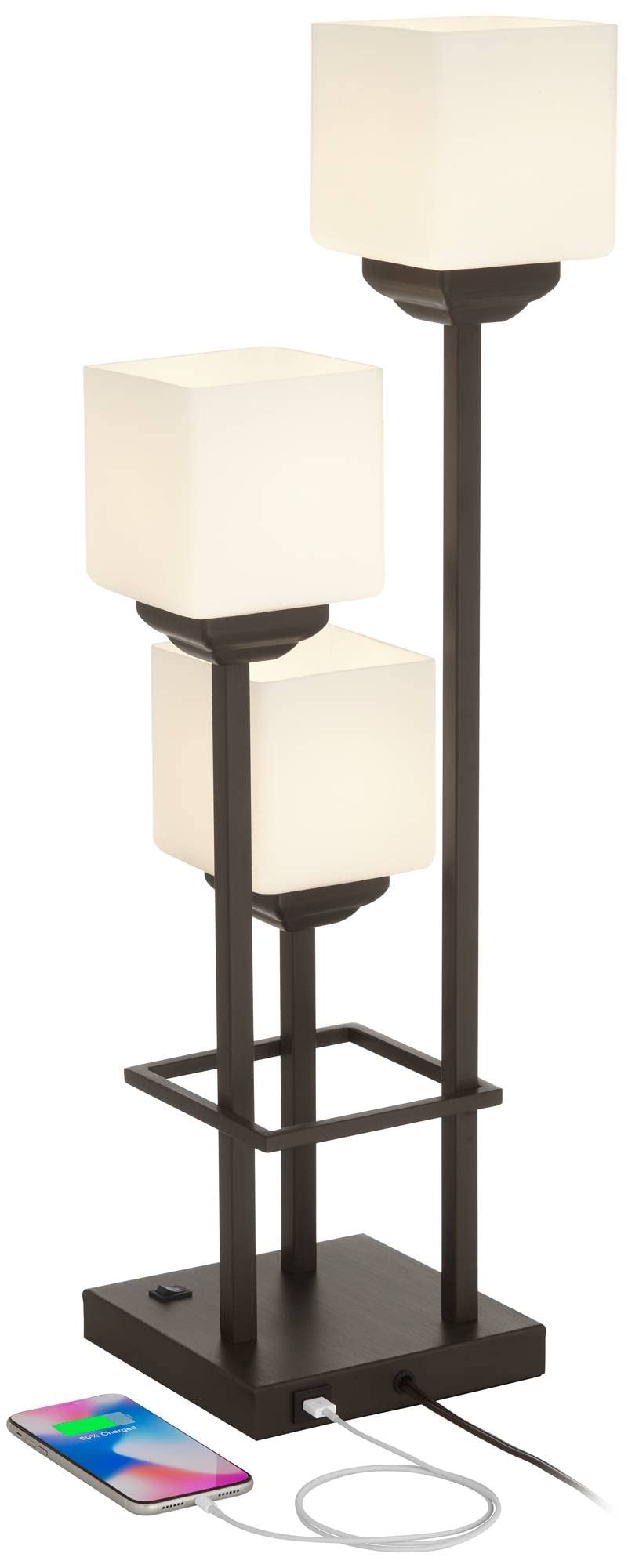 Franklin Iron Works Modern Console Table Lamp 29 1/2'' Tall With Usb Charging Port Bronze Metal White Glass Square Shade For Bed