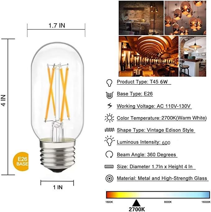 liveMAX Dimmable LED Tubular Bulb 6W E26 Antique Edison Style 600 Lumens Daylight White 5000K Pack of 12