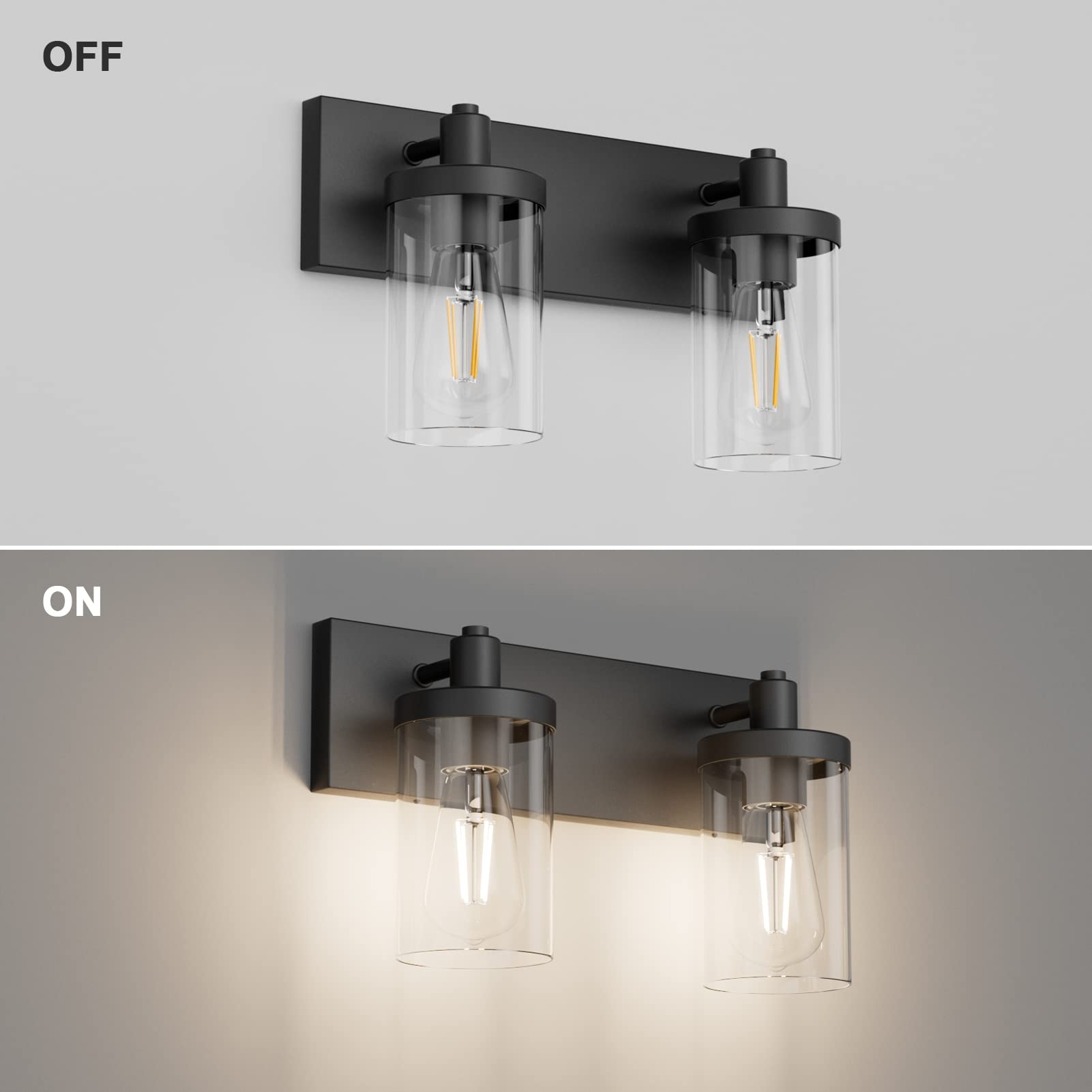 Aipsun Vintage Black Bathroom Light Fixture, 2-Light Industrial Wall Sconce with Clear Glass Shade, Model 1136