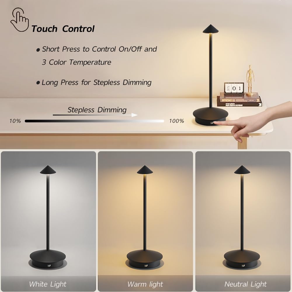 LED Cordless Table Lamps, Portable Rechargeable 6000mAh Outdoor Lights, 3 Color Stepless Dimming Battery Powered Bedside Table L