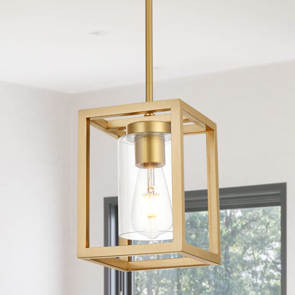 Vinluz 1-Light Rustic Chandelier In Gold Finish Modern Industrial Pendant Lighting Fixture With Clear Glass Shade Hanging Ceilin
