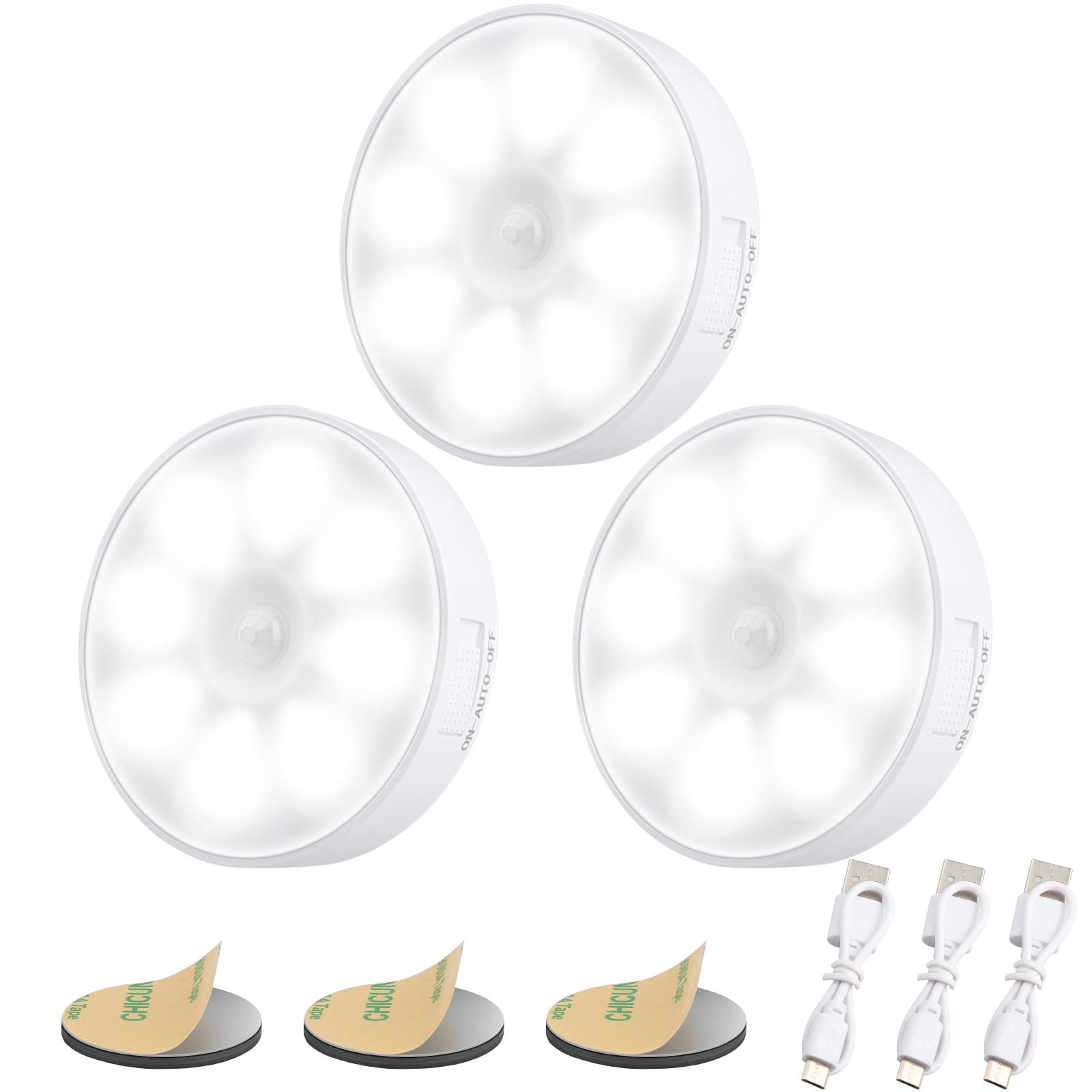 Electight Upgraded Motion Sensor Light [8 LEDs], 3 Pack Night Light Rechargeable, 3M/120? Detection Range, 3 Modes, Closet Light