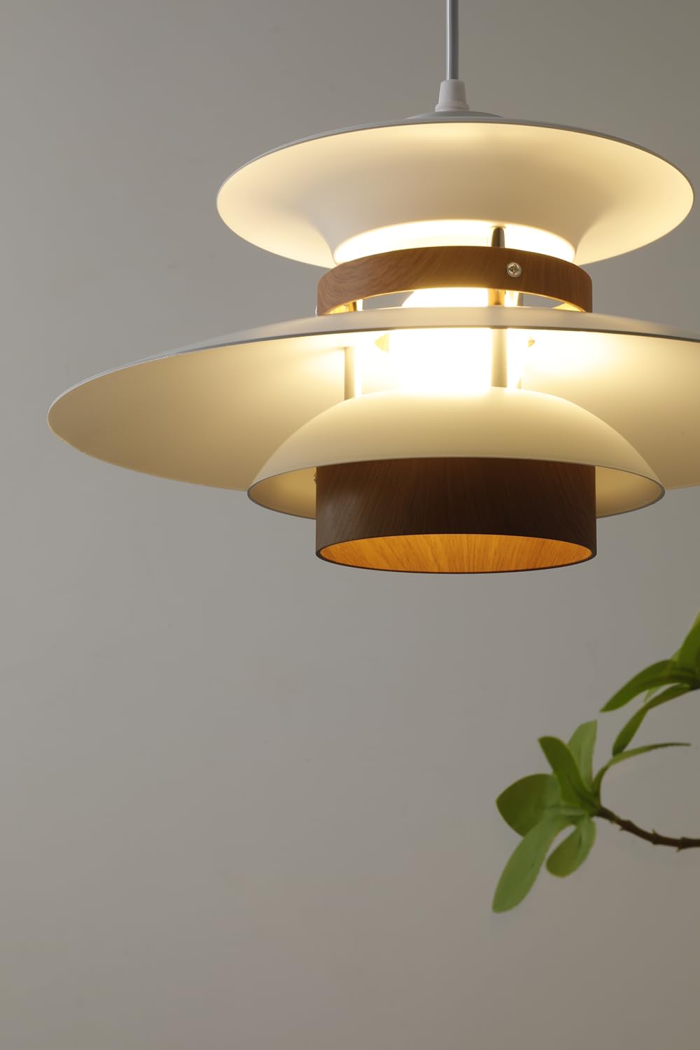EFINEHOME Adjustable Pendant Lamp, 1-Light E26 Base, Aluminum & Wood Finish, 40cm, Beige+Dark Wood Grain, Model EFLM22385H