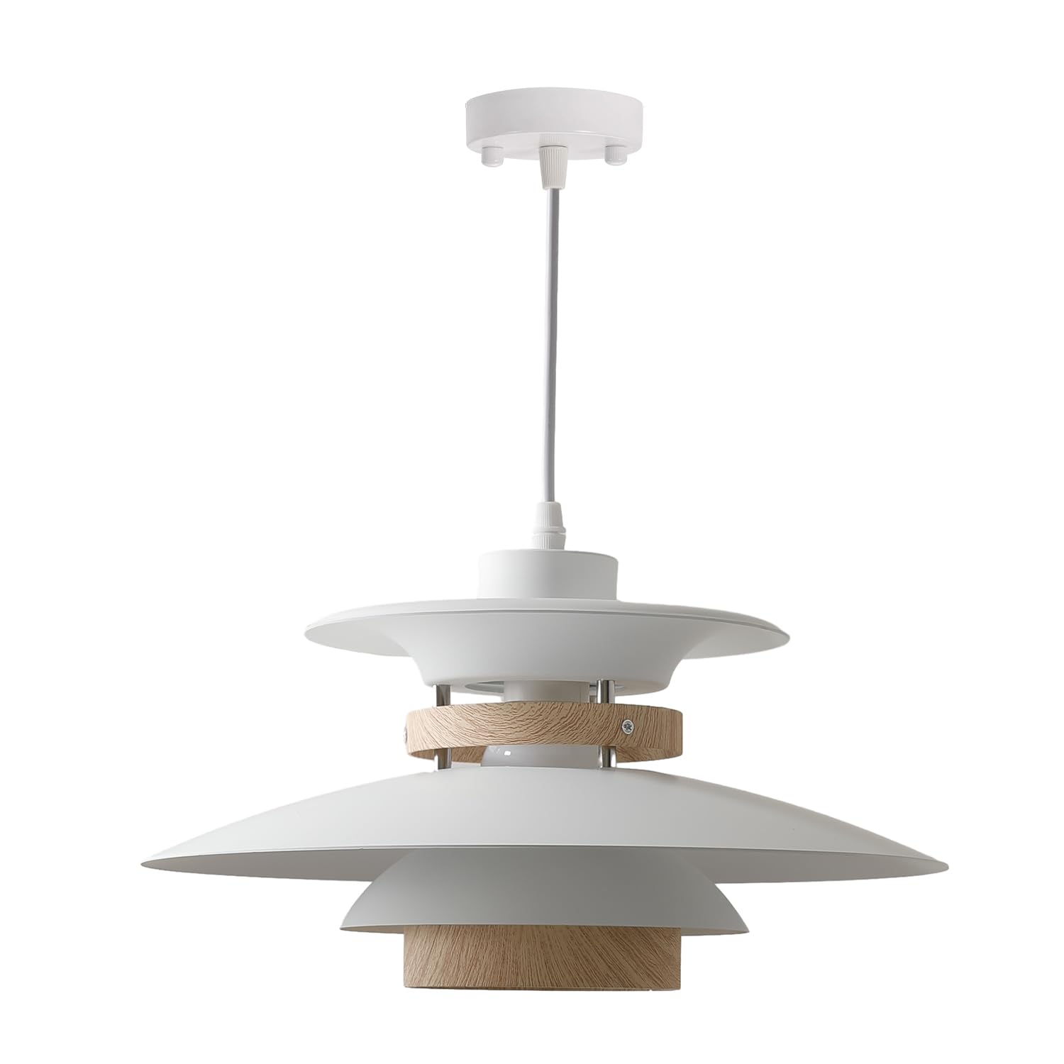 EFINEHOME Modern Pendant Lamp, 1-Light E26, 40cm Aluminum & Wood, White/Light Wood Grain, Model EFLM22385H for Kitchen & Dining