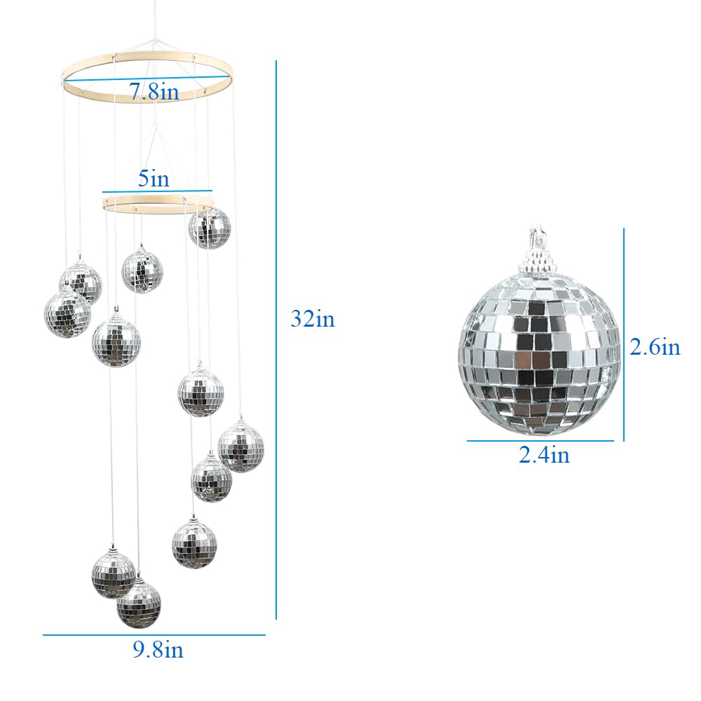 Bochino Disco Ball Spiral Spinner Ball, 32 Mobile Mirror Disco Ball with Bamboo Circle for Indoor Outdoor Home Decoration, Garde