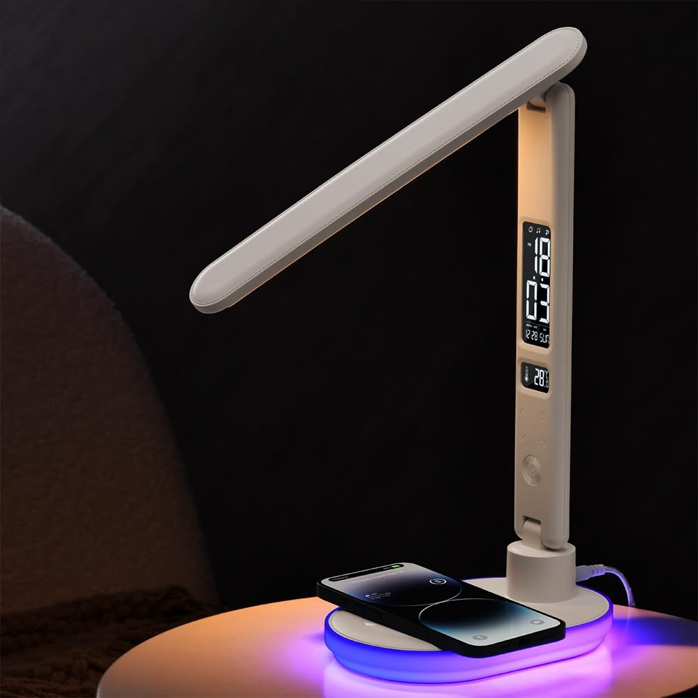 IHAO Elegant Multifunctional LED Desk Lamp10W Qi Wireless Charger Digital Alarm Clock Ambient Light & Temperature Display Adjustable Eye-Care Table Lamp with Leather Texture Design Table Lamp-U20 White