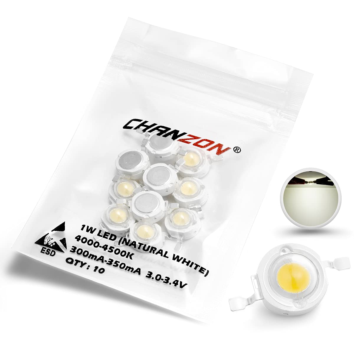 CHANZON 10 pcs High Power Led Chip 1W Natural White 4000K - 4500K (300mA - 350mA / DC 3V - 3.4V / 1 Watt) Super Bright Intensity SMD COB Light Emitter Components Diode 1 W Bulb Lamp DIY Lighting