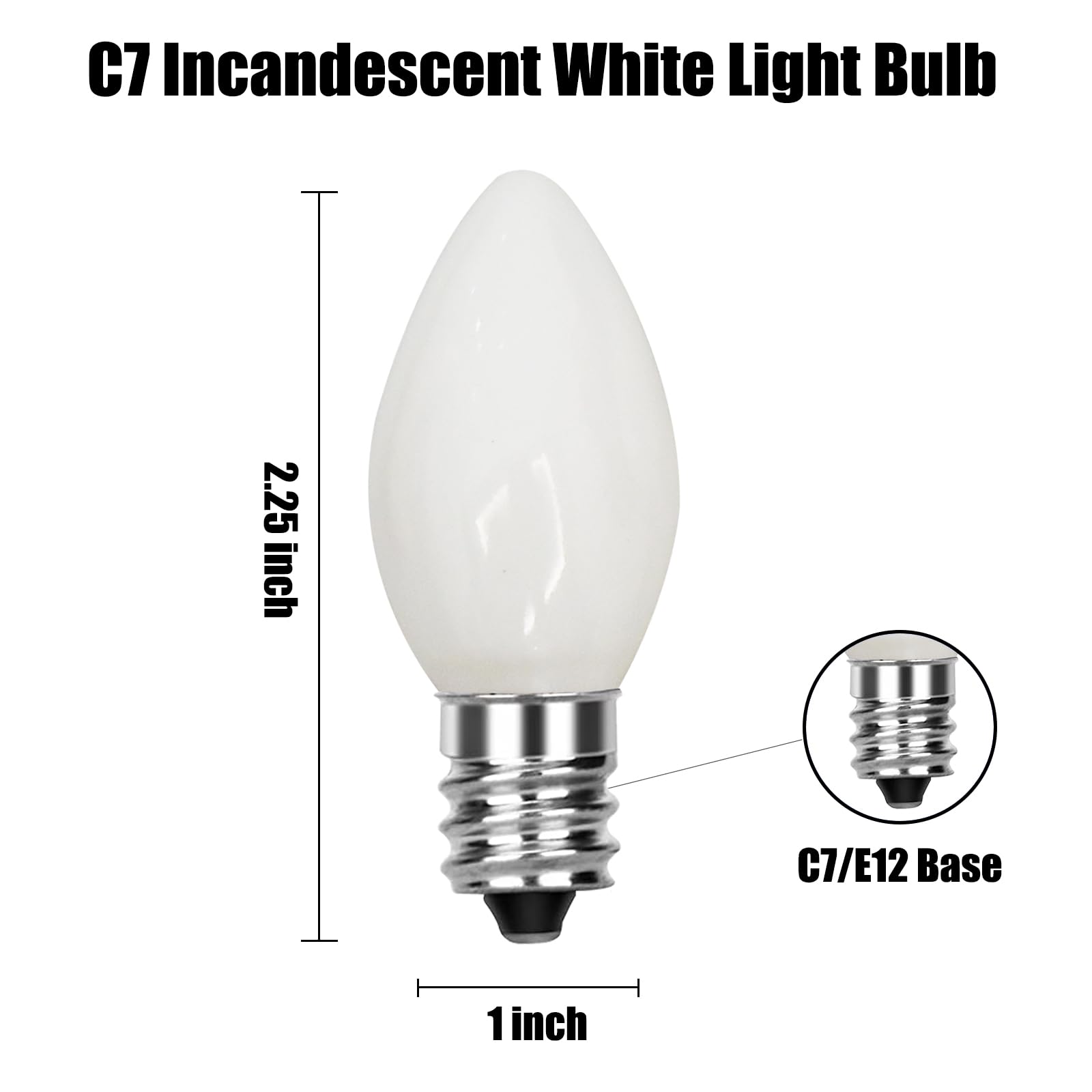 SUNSGNE C7 White Outdoor Christmas Light Bulbs, 5W E12 Candelabra Base, Pack of 25, Glass
